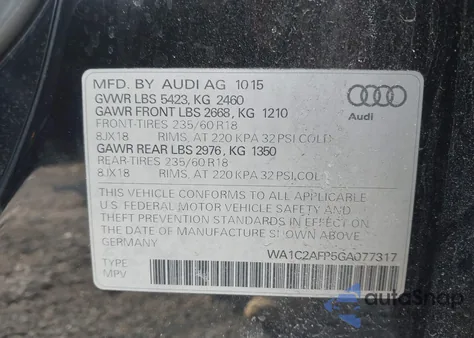 2016 Audi Q5 2.0T Premium z USA, uszkodzony, nr VIN WA1C2AFP5GA077317